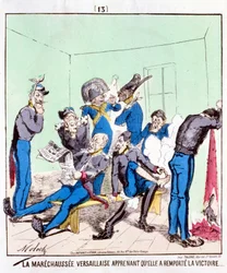 De Maréchaussée Versailles leert dat ze de overwinning heeft behaald... Cartoon over de Parijse Commune, circa 1870