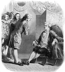 De markies de Puysieulx ontvangt Philippe Nericault Destouches (1680-1754) en zijn groep rondtrekkende komedianten. Gravure uit 1858-1859