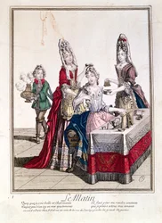 De ochtend, dame bij haar toilet, tweede helft van de 17e eeuw (kleurgravure)