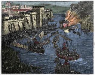 De Noormannen, geleid door Rollo, belegerden Parijs in 885, illustratie uit Frankrijk en de Fransen door de eeuwen heen, 1884
