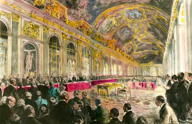 Het Vredescongres in de Ijsgalerij in Versailles op 28/06/1919: Georges Clemenceau, voorzitter van de Franse Raad, opent de zitting