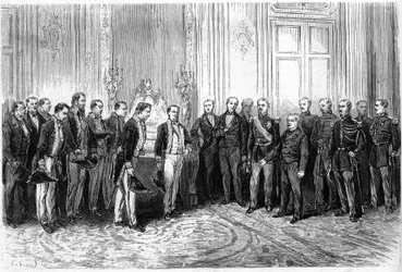 De president van de Franse Republiek Adolphe Thiers (1797-1877) ontving Japanse ambassadeurs in het Elysee-paleis. Gravure in 