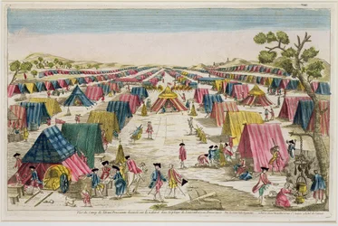Het Pruisische Legerkamp, Getekend uit het Leven op de Velden in Pommeren, gegraveerd door Vale, c.1750