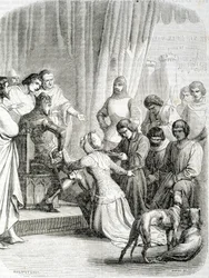 De Koningin van Engeland (Philippa van Henegouwen) vraagt genade aan haar man Edward III voor de inwoners van Calais (episode van de 6 burgers van Calais)