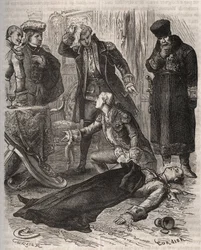 De Russische keizer Peter III (1728-1762), toegewezen aan een residentie, werd vermoord in opdracht van zijn vrouw Catharina II, die hem net had afgezet en de macht had overgenomen, door Alexei Orlov (1737-1808) en zijn bewakers op 17 juli 1762. Gravure ui