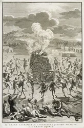 Het Offer aan Quitchi-Manitou, of De Grote Geest, door de Canadezen, illustratie uit Religieuze Ceremoniën en Gebruiken, gegraveerd door Bernard Picart (1673-1733) 1723