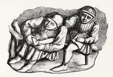 De schoenmaker en zijn klant, gekopieerd van een van de Misericordia-stoelen in het koor van de kathedraal van Rouen, illustratie uit Wetenschap en Literatuur in de Middeleeuwen en de Renaissance