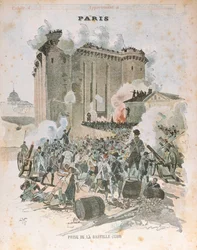Het beleg en de inname van de Bastille op 14 juli 1789, omslagillustratie van een schoolschrift, ca. 1889 (kleurenlitho)