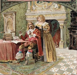 De heer van Beringhen en Madame du Fargis samenzweren tegen Richelieu (Armand Jean du Plessis, kardinaal van Richelieu (1585-1642), minister van Lodewijk XIII, in het kasteel van Azay-le-Rideau (Azay le Rideau) (Indre-et-Loire). Chromolithografie uit het e