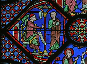 Het St. Jacobus raam: De magiër Almoniges (Hermoniges) stuurt zijn leerling Filetus naar St. Jacobus