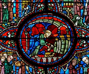 Het raam van Sint-Lubin: het tappen van de wijn in de kelder