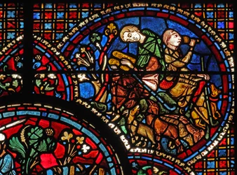 Het raam van Sint-Lubin: studeert terwijl zijn metgezel drinkt terwijl ze de schapen bewaken