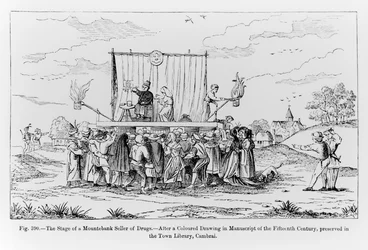 Het Podium van een Kwakzalver Verkoper van Geneesmiddelen, illustratie uit Wetenschap en Literatuur in de Middeleeuwen en de Renaissance, geschreven en gegraveerd door Paul Lacroix, 1878