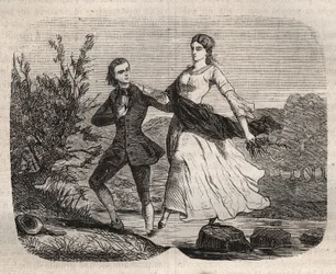 De Zwitserse filosoof Jean Jacques (Jean-Jacques) Rousseau (1712-1778) hielp Mademoiselle Galley een beek oversteken. Gravure uit 1871 in 