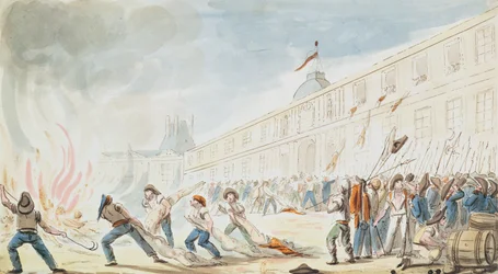 De Inname van de Tuilerieën, 10 augustus 1792 (kleurgravure)