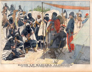 De Toearegs Hoggar en Taitogs onderwerpen zich aan de Engelse heerschappij in de Algerijnse Sahara. In de Algerijnse Sahara. De Toeareg Hoggars en Taitogs onderwerpen zich aan Frankrijk. Illustratie voor Le petit Journal, 26 november 1905.