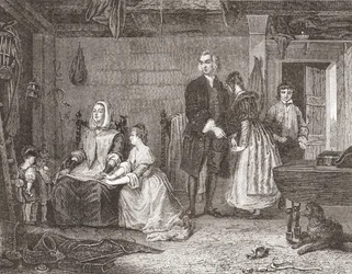 De dominee van Wakefield verzoent zijn vrouw met Olivia, naar het schilderij van Gilbert Stuart Newton. Uit Histoire des Peintres, École Anglaise, gepubliceerd in 1867 (litho)