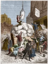 De Bloemenoorlog: Plundering van bakkerijen in Parijs, rond 1775 (eerste van de Franse Revolutie) (gravure)