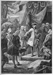 De Oostenrijkse Successieoorlog (1740-1748) - Ambassadeurs van de Verenigde Provinciën presenteren zich aan Lodewijk XV in 1747 - De Oostenrijkse Successieoorlog (1740-48) - Lodewijk XV, koning van Frankrijk en de ambassadeur van Nederland - gravure