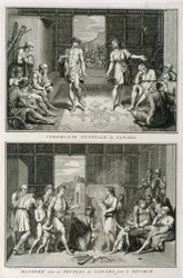 De Huwelijksceremonie en de Manier van Scheiden in Canada, illustratie uit Religieuze Ceremoniën en Gebruiken, gegraveerd door Bernard Picart (1673-1733) 1723