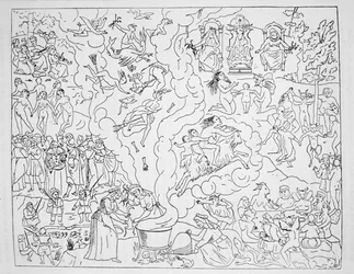 De Heksensabbat, kopie van een illustratie uit Tableau de linconstance des mauvais anges door Pierre de Lancre, Parijs 1612, gebruikt in Geschiedenis van de Magie, gepubliceerd eind 19e eeuw