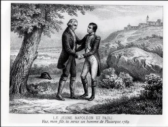 De jonge Napoleon Bonaparte ontmoet Pasquale Paoli in 1789, uit een boek over Corsica door J.A. Galetti, Parijs, 1863