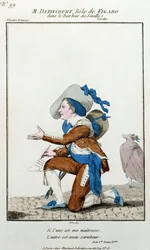 De acteur Dazincourt in het Theatre Francais in de rol van Figaro in De Barbier van Sevilla door Pierre Augustin Caron de Beaumarchais (1732-1799)