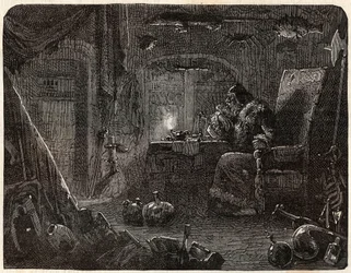De alchemist, die beloofde goud te maken, werkt in zijn laboratorium: de Alchemist in de 17e eeuw - in "Parijs door de eeuwen heen" door Nicolas Jules Henri Gourdon de Kennouillac (1826-1898).