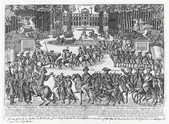 De aankomst van Mehmed Celebi Efendi, ambassadeur van Sultan Ahmed III van Turkije, bij de Tuilerieën om ontvangen te worden door Lodewijk XV in 1721 (gravure)