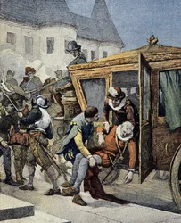 De moord op Hendrik IV op 14/05/1610. Omslag van "Le Petit Français Illustré" van 12/05/1900.