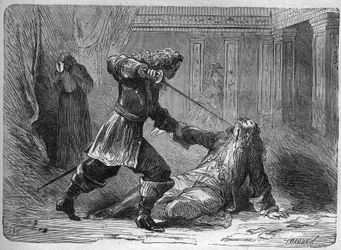 De moord op Markies Gianrinaldo Monaldeschi, minnaar van Koningin Christina van Zweden (1626-1689) - De moord op Markies Giovanni Monaldeschi in 1656, favoriet van Koningin Christina van Zweden (1626-1689) in het kasteel van Fontainebleau. Gravure in 