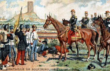 De slag bij Solferino (Italië) tussen de Frans-Sardijnse (overwinnaars) en Oostenrijkse (verslagen) legers in 1859. Chromolithografie uit de 19e eeuw.