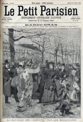 De confettislag op de Parijse boulevard tijdens Mardi Gras. Gravure in "Le petit Parisien"