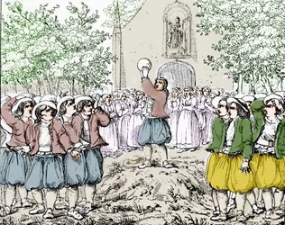 Het begin van een spel soule (voetbal) in Bretagne in het midden van de 19e eeuw.