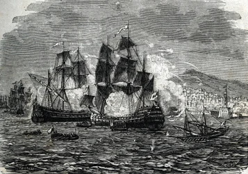 Het bombardement van Algiers in augustus 1682 door Abraham Duquesne (gravure) 1864