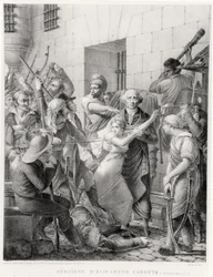 De moed van Elisabeth Cazotte die haar vader beschermt tegen de menigte (gravure)