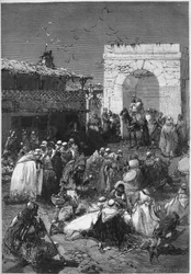 De caïds en djemmas van de cirkel van Saida in Algerije brengen naar het Arabische kantoor hun geschenken bedoeld om de Franse departementen vrij te kopen die sinds het einde van de Oorlog van 1870 door Duitsland bezet zijn. Gravure in 