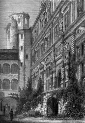 Het kasteel van Heidelberg in Duitsland, thuisbasis van een van de beroemdste universiteiten in Europa in de 19e eeuw. Gravure in het illustere tijdschrift 