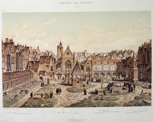 De kerk en het kerkhof van de Onschuldigen in 1550 - in 