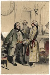 De componist Joseph Haydn ontving een man die hem vroeg een menuet te componeren voor de bruiloft van zijn dochter. Plaat uit "Scenes de la vie des hommes célèbres" gravure in twee tinten door Valerio. 1843