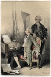 De componist Wolfgang Amadeus Mozart (1756-1791) componeert het requiem. Plaat uit "Scenes de la vie des hommes célèbres" gravure in twee tinten door Valerio. 1843