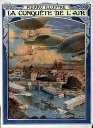 De verovering van de lucht: luchtschip, ballon en heteluchtballon boven Parijs - cover in Figaro Illustrated van februari 1909