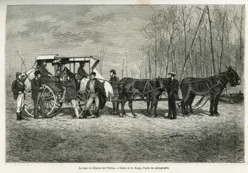 De koets of diligence op het paard van de prairies, tekening door A.Dupuis, ter illustratie van het verhaal van een excursie naar Canada en de noordelijke rode rivier, in 1873, door H. de Lamotte. Gravure in Le tour du monde