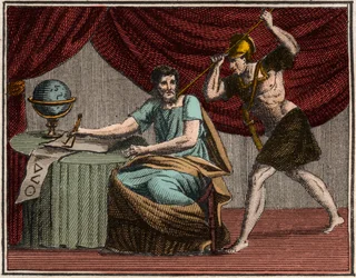 De dood van Archimedes tijdens de verovering van Syracuse, Sicilië, door Romeinse soldaten in 212 v.Chr.