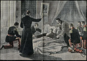 De dood van Felix Faure, president van Frankrijk. Abbe Renault gaf hem de absolutie. Gravure in Le Pelerin 26/02/1899