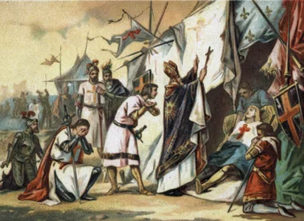 De dood van Sint Lodewijk (Lodewijk IX) (1214/1215-1270) in Tunis. Chromolithografie uit het einde van de 19e eeuw.