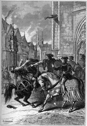 De dood van Wat Tyler in Smithfield, Londen, in 1381 tijdens de Boerenopstand - Dood van Wat (of Walter) Tyler, Engelse revolutionair, in Smithfield, tijdens de Boerenopstand, Londen