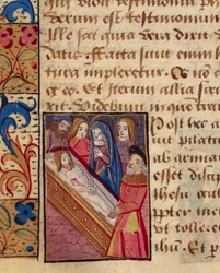 De graflegging van Christus, miniatuur uit het Getijdenboek (Gebruik van Poitiers), Latijns en Frans manuscript geïllustreerd door een leerling van Robinet Testard, manuscript 1097 folio 80 verso, Frankrijk eind 15e eeuw