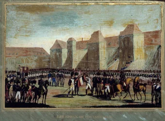 Het afscheid van Napoleon Bonaparte van de keizerlijke garde in de binnenplaats van Cheval Blanc in Fontainebleau op 20/04/1814