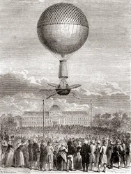De eerste succesvolle ballonvlucht van Jean-Pierre François Blanchard op 2 maart 1784, in een waterstofgasballon gelanceerd vanaf het Champ de Mars, Parijs, Frankrijk, uit Les Merveilles de la Science, gepubliceerd ca. 1870